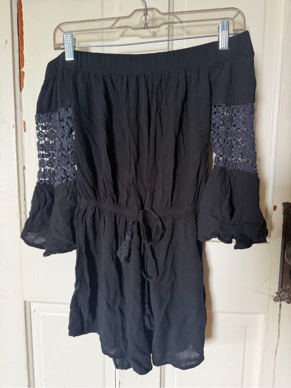 Klush Black Off-the-Shoulder Romper | Medium | Boho Gauze Crochet Bell Slee